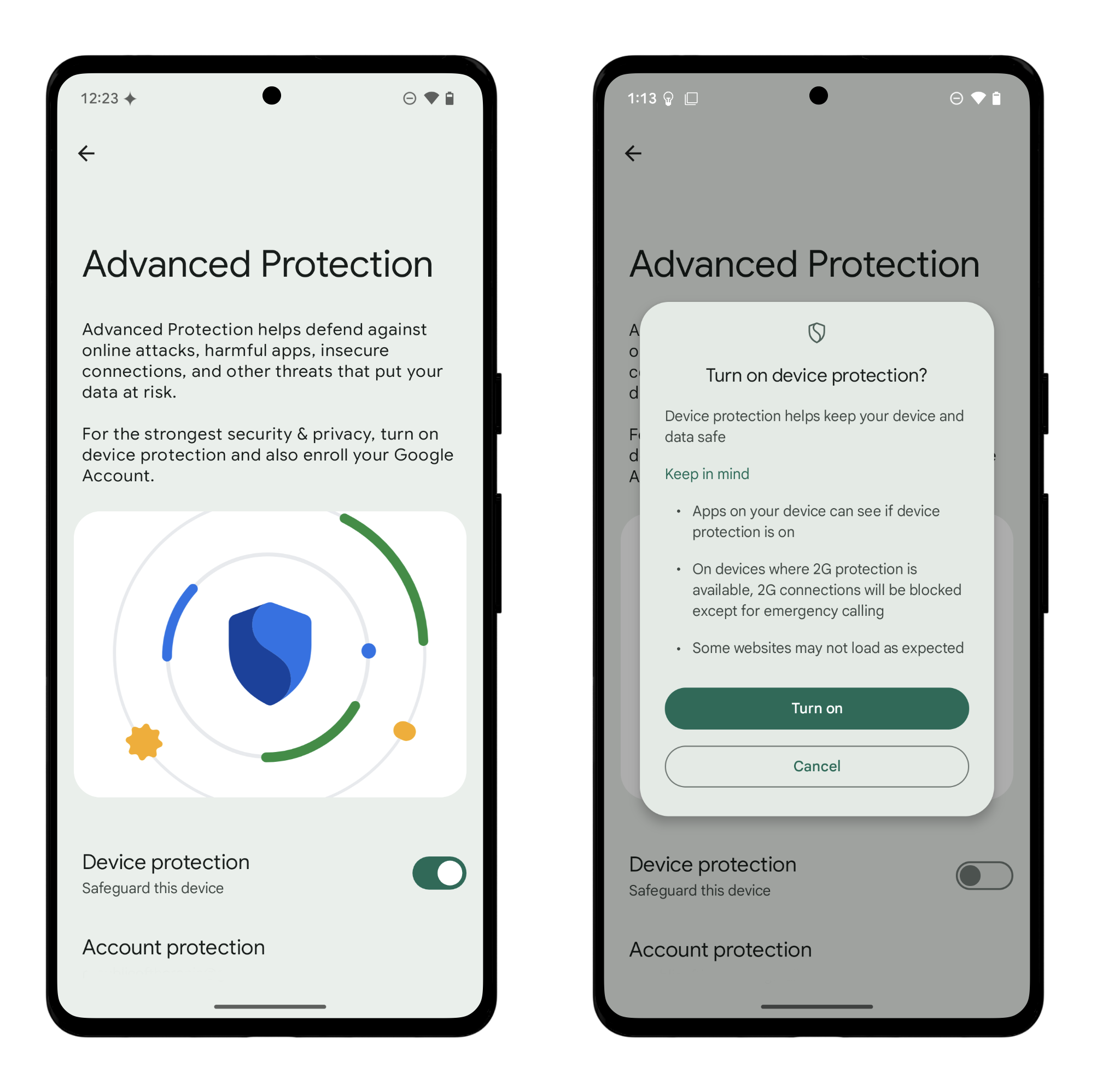 screenshots of Android's Advanced Protection page