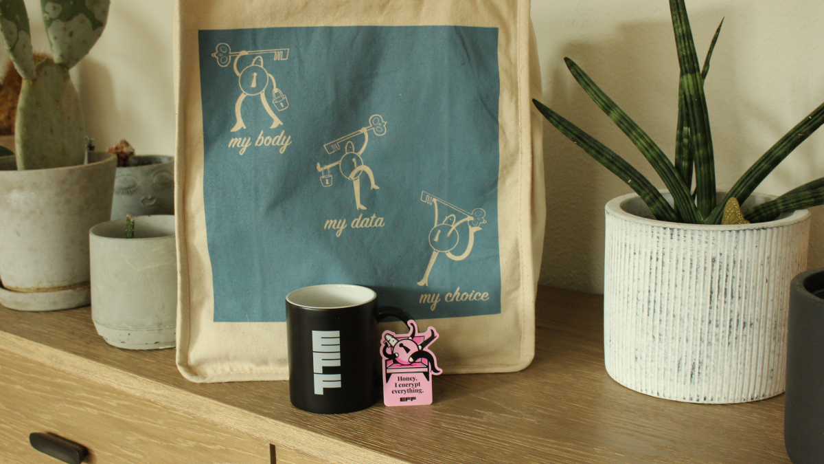 Tote bag, sticker, and heat-changing mug featuring EFF's reproductive rights icon Lady Lock.